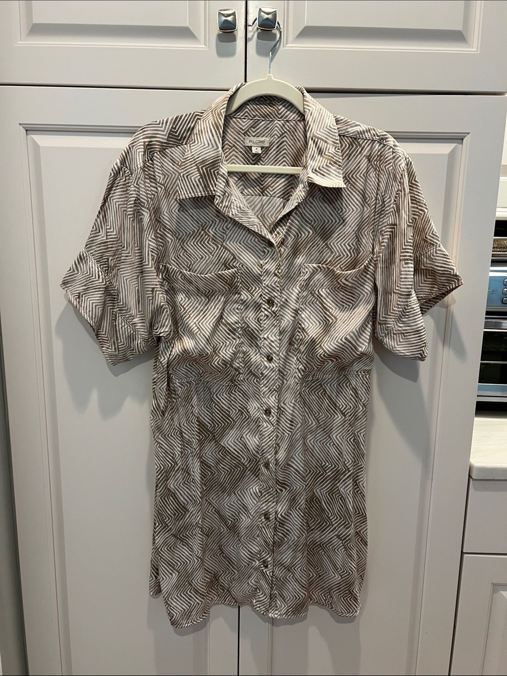 Pilcro Short-Sleeve dress or tunic in— Beige and Brown Geometric M